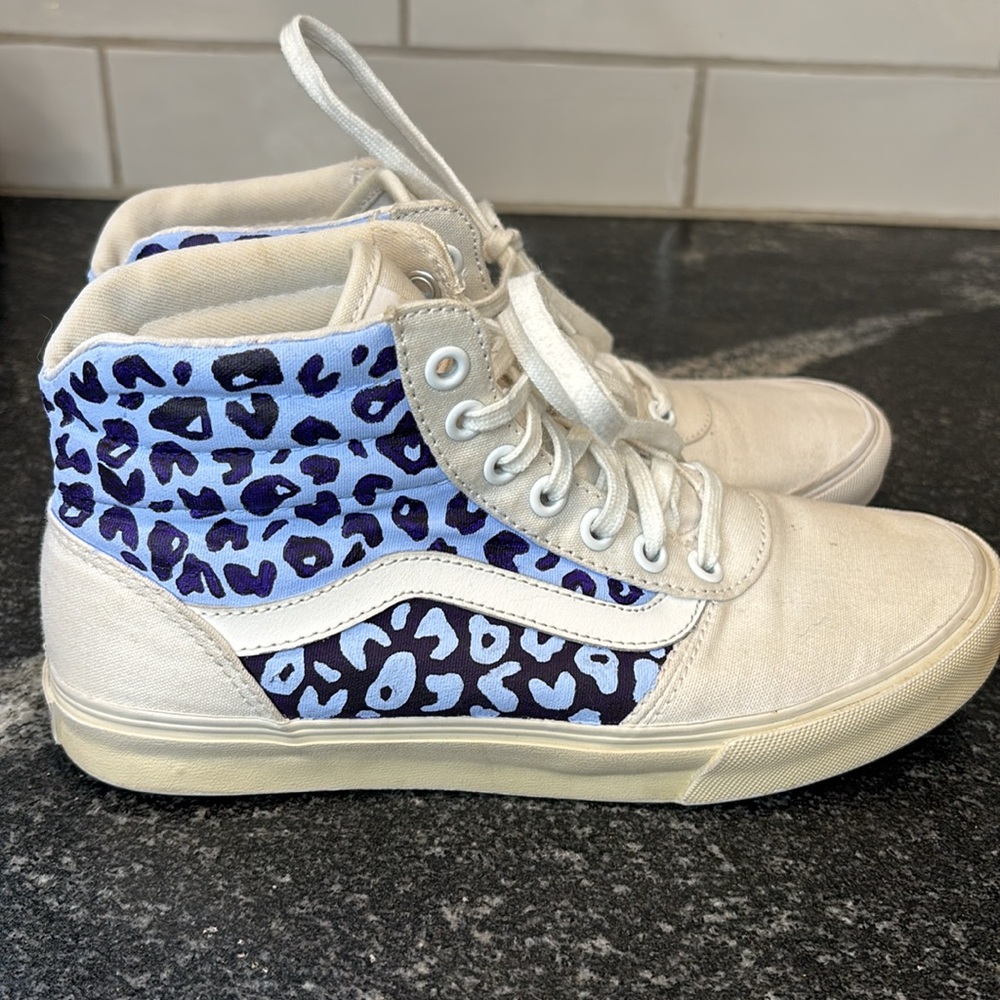 Custom Hand-Painted Cheetah White Vans High Tops โ Womenโs Size 6
